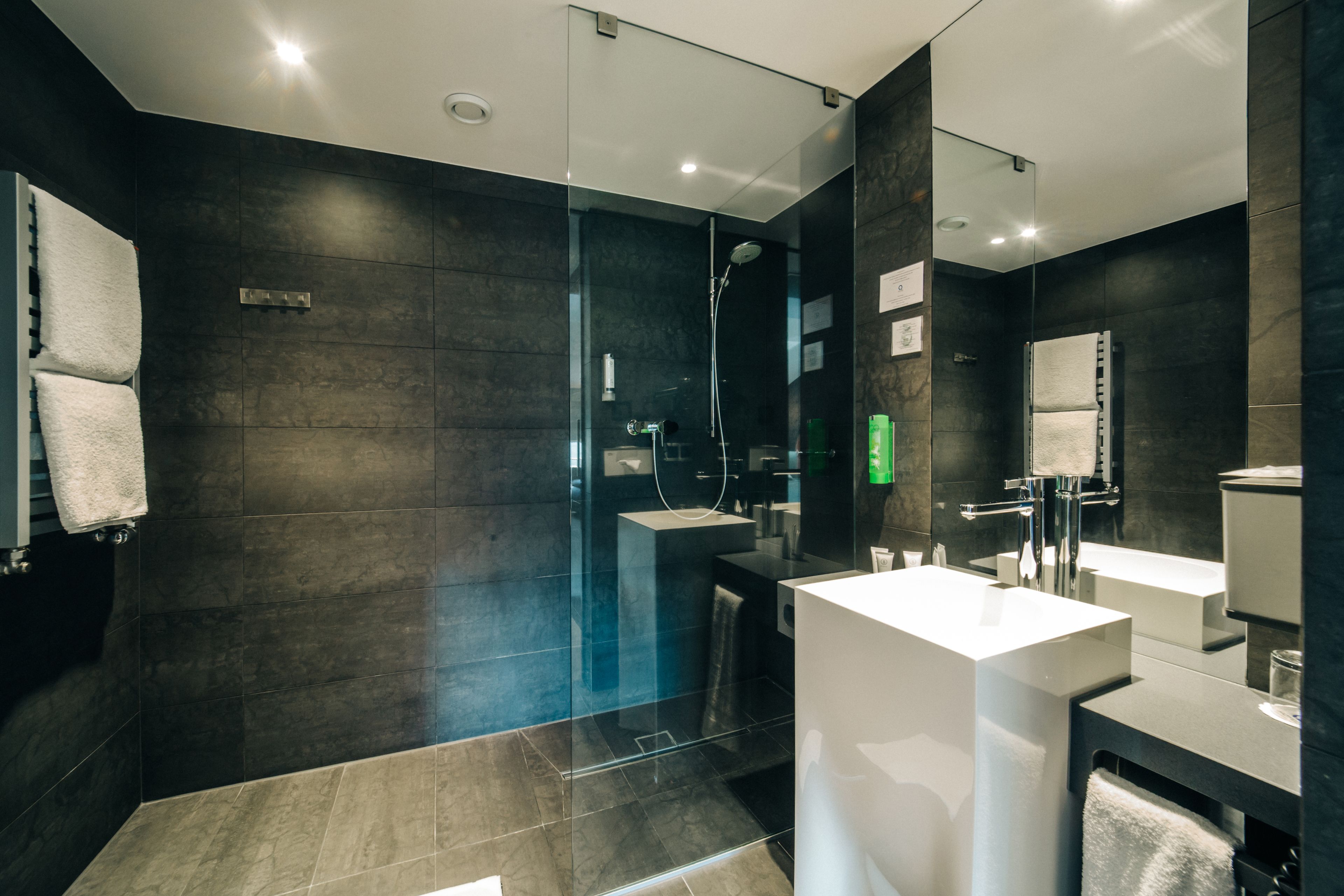 shower, rainfall showerhead, designer toiletries, hair dryer