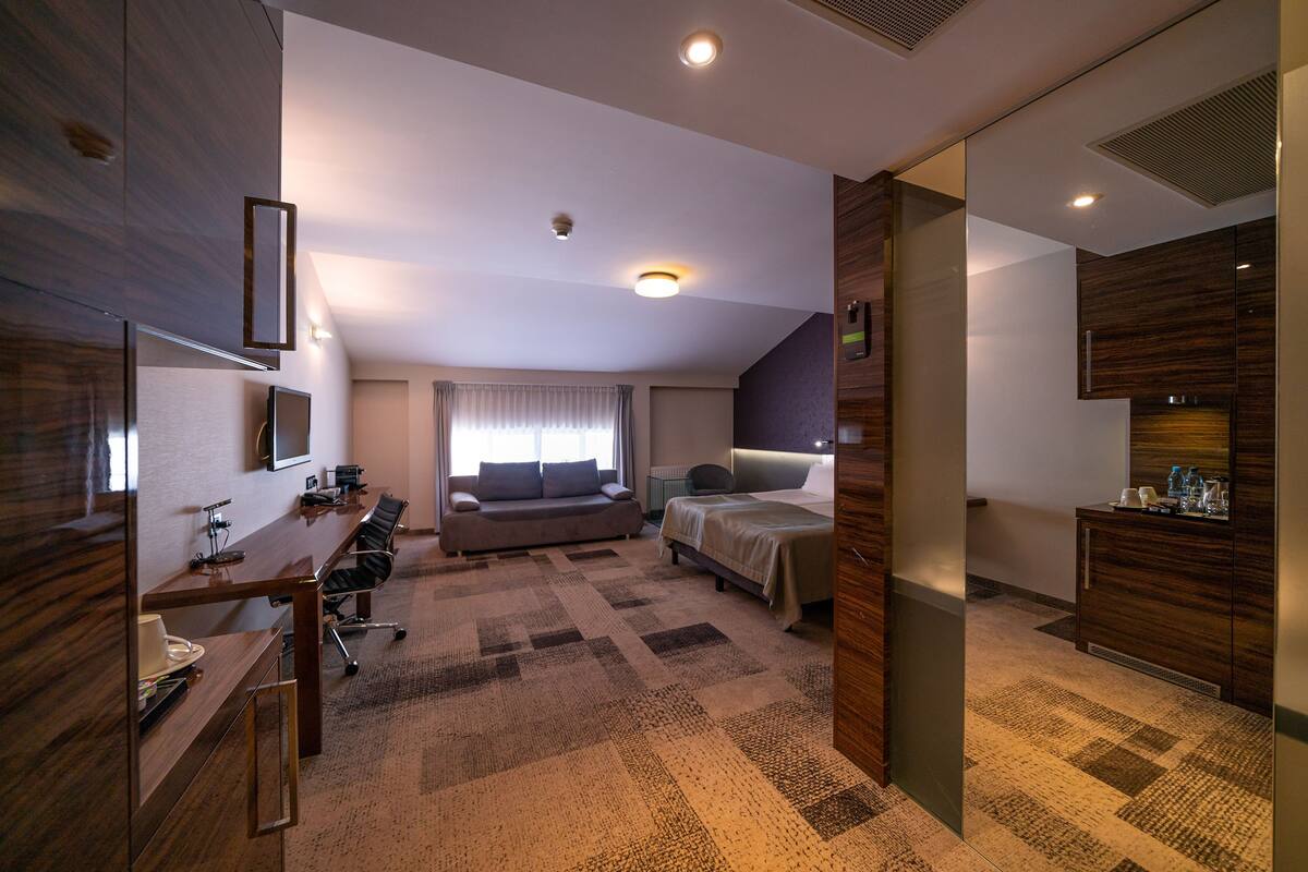 Habitació d'hotel moderna amb un llit gran, un escriptori amb una cadira, un sofà i una televisió.