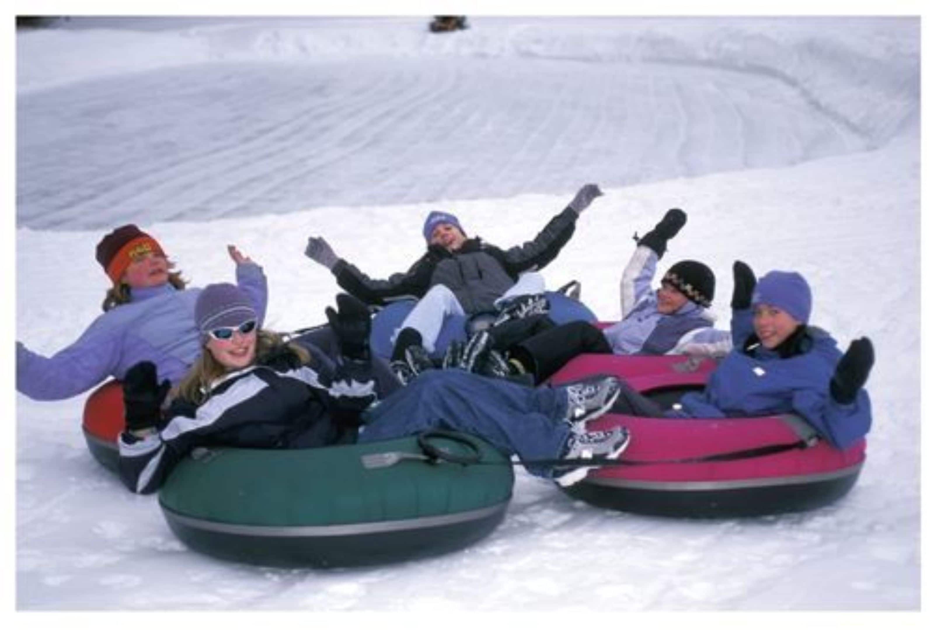 A group of people sledding on snow tubes in a snowy area.
