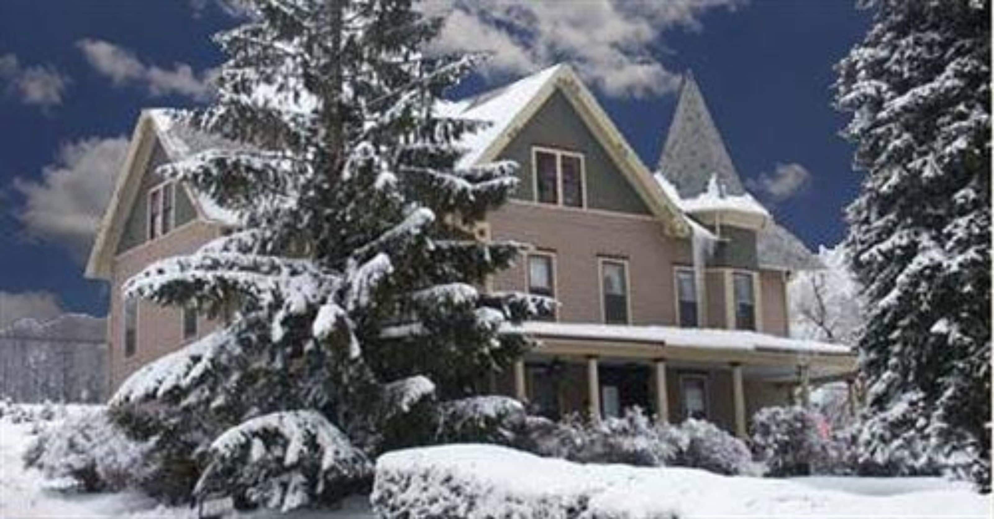 A two-story house with a snow-covered roof and surrounding trees.
