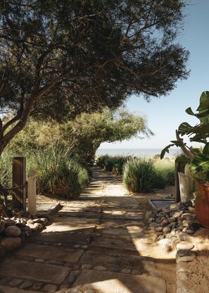 A stone pathway leading through a garden with trees and plants, bordered by rocks and wooden posts. - Paradis Plage Surf Yoga & Spa resort (Tamri)