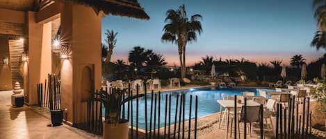 Outdoor pool, pool umbrellas, pool loungers