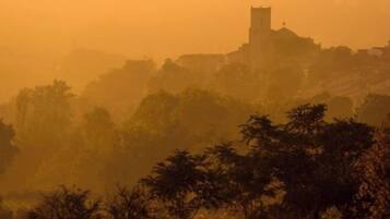 Une église dotée d’un clocher, entourée d’arbres et de bâtiments.