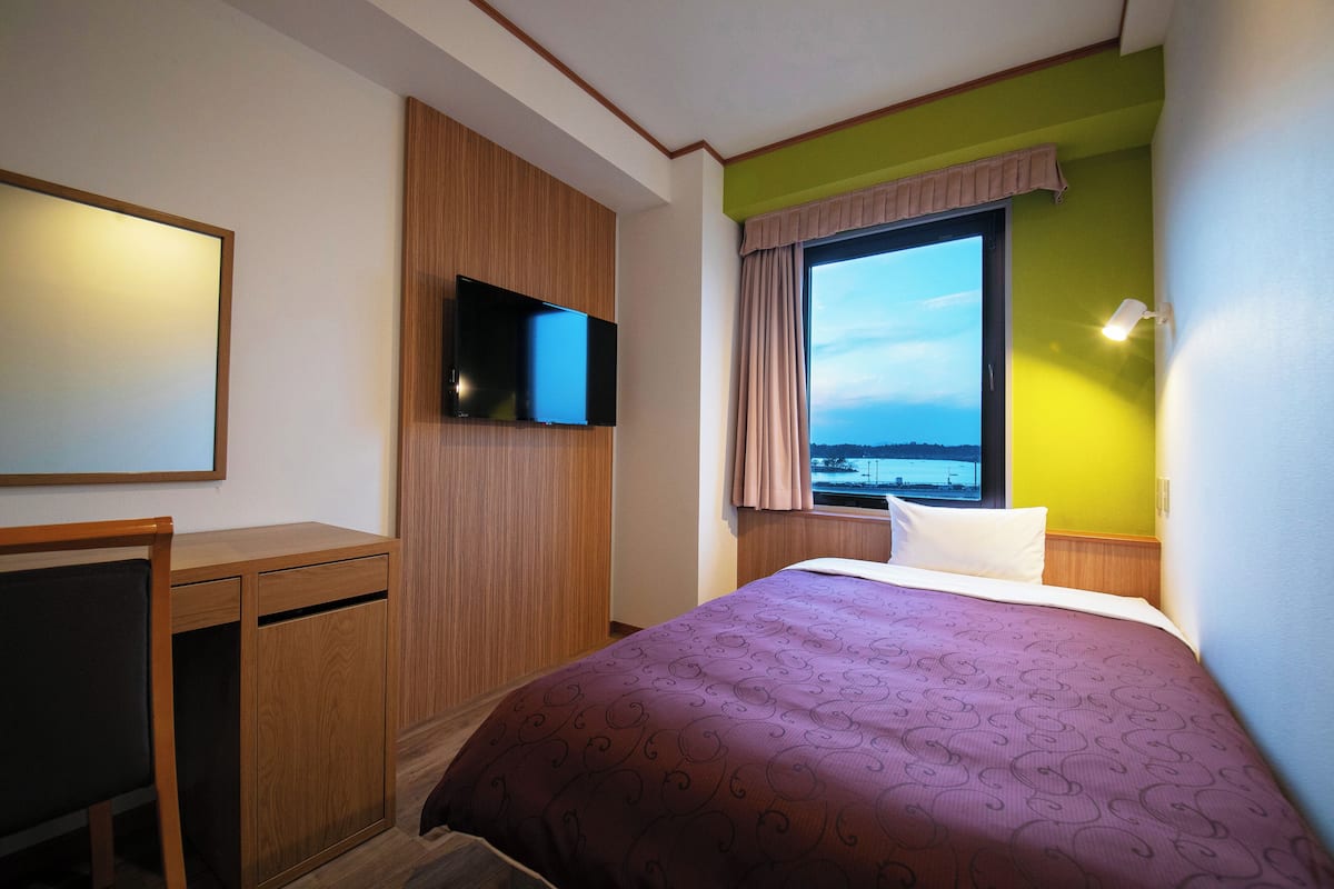 A hotel room with a bed, a desk, a television, and a window with a view.