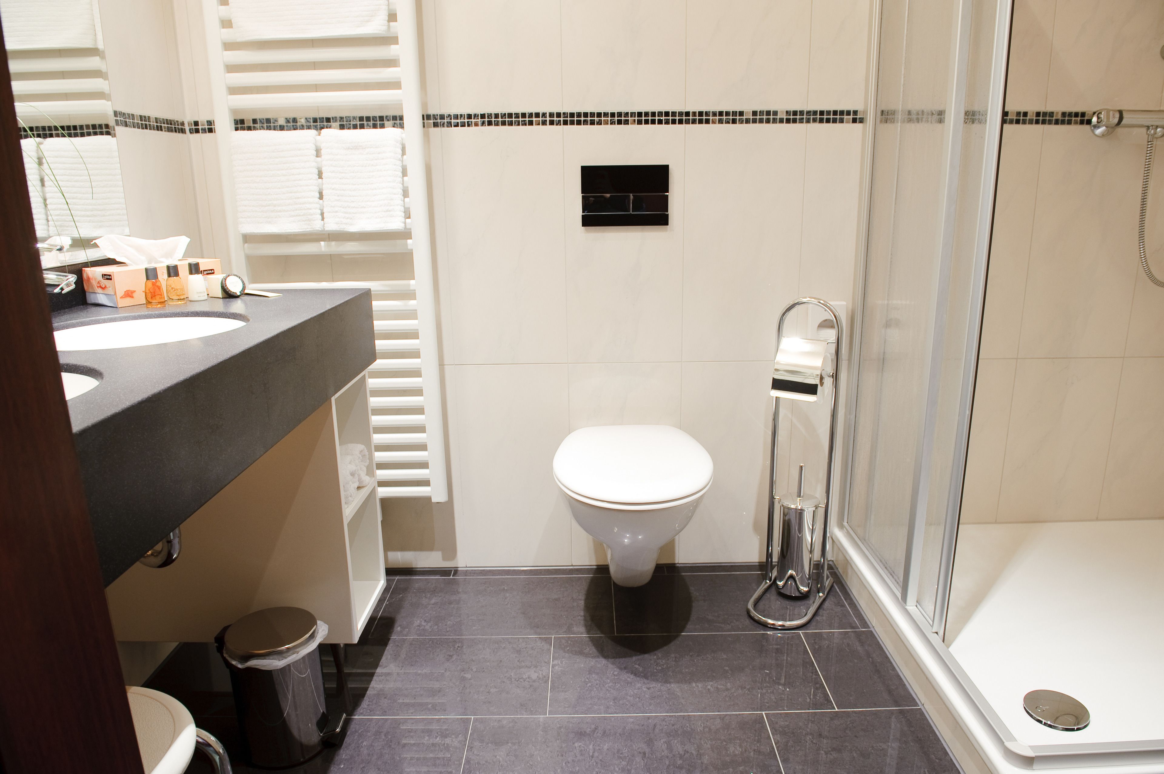 A modern bathroom with a white toilet, a shower area, and a vanity with a sink and mirror.