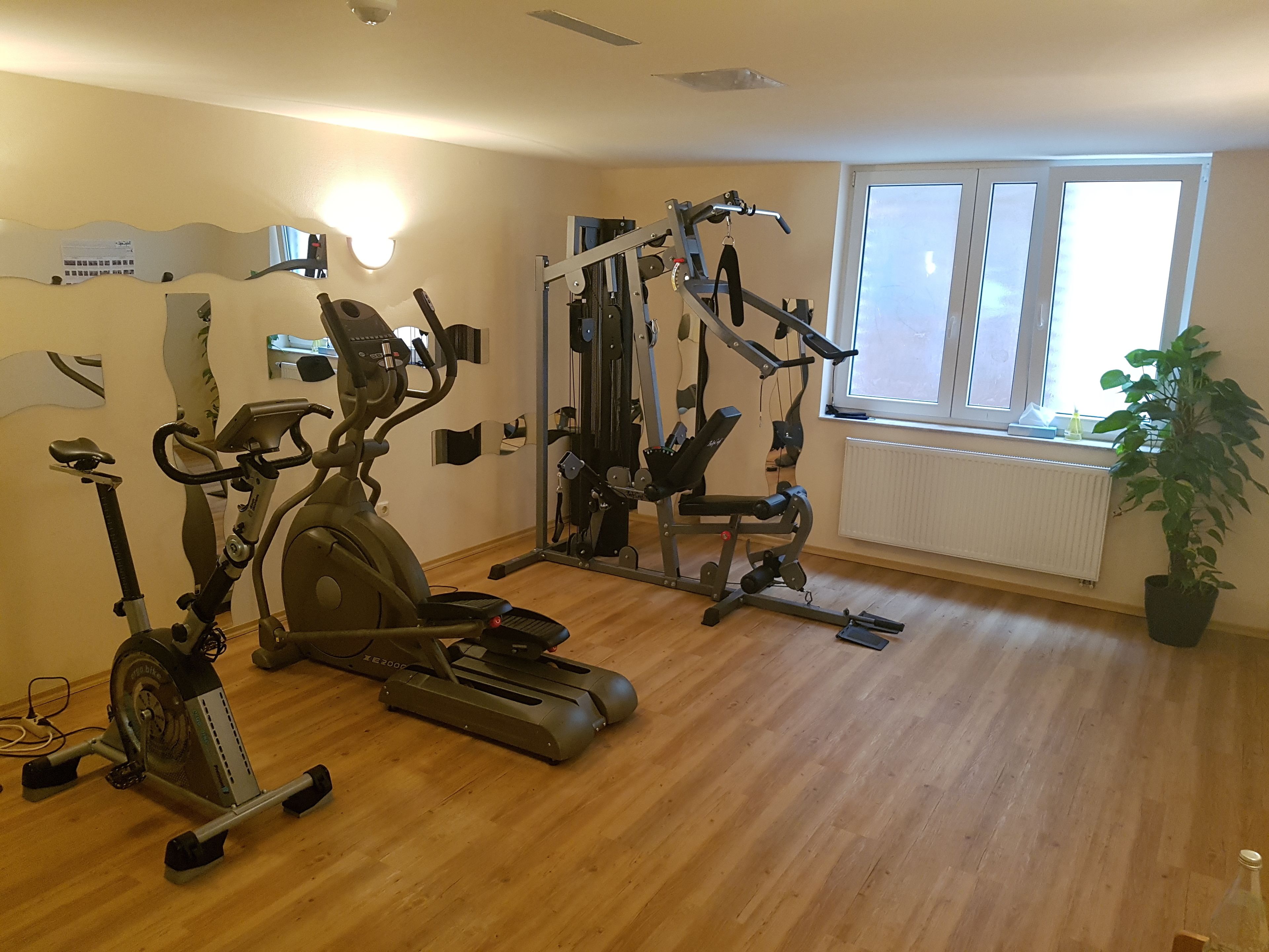 Ein Fitnessraum mit Cardiogeräten, Gewichtstrainern und einem großen Fenster, das für natürliches Licht sorgt.