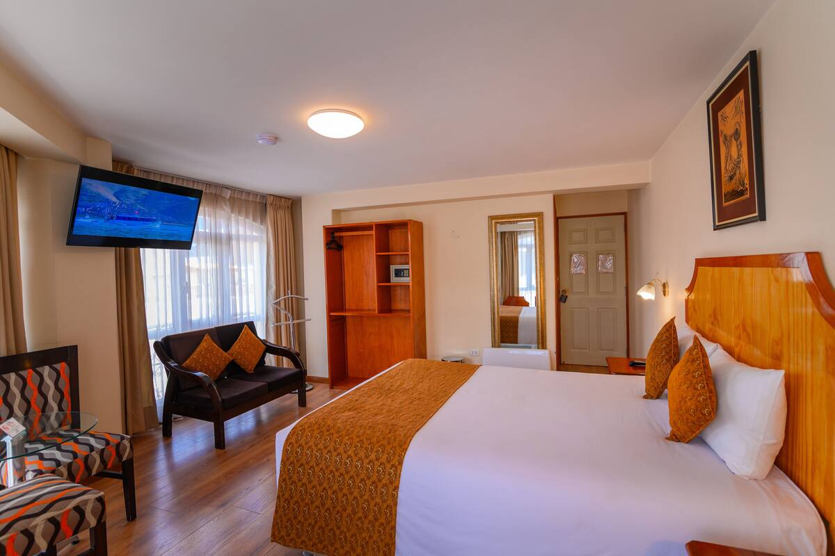 Una habitación de hotel con cama, televisión, sofá, sillón y armario.