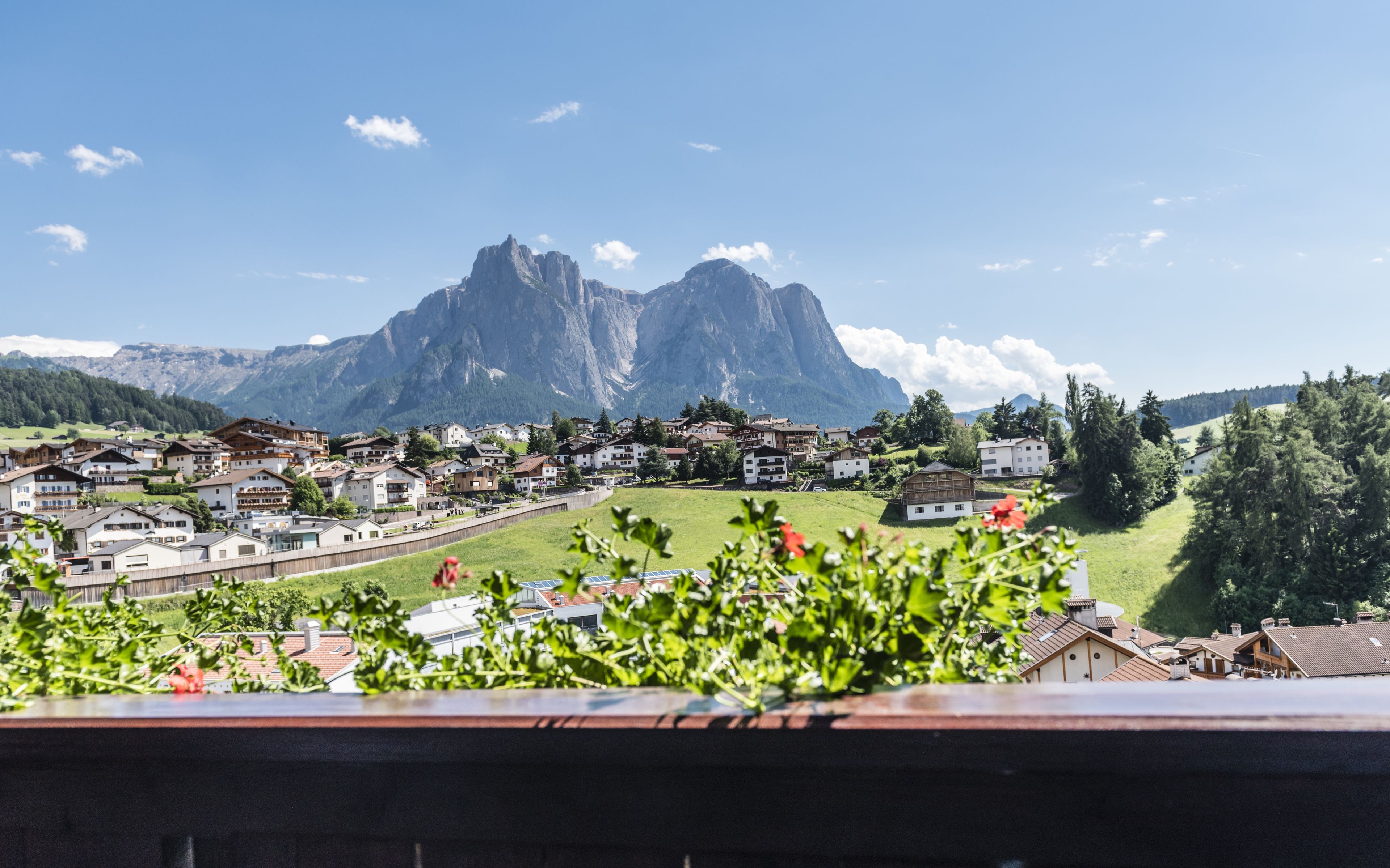 A mountain village with traditional houses, a prominent mountain peak in the background, and lush greenery.