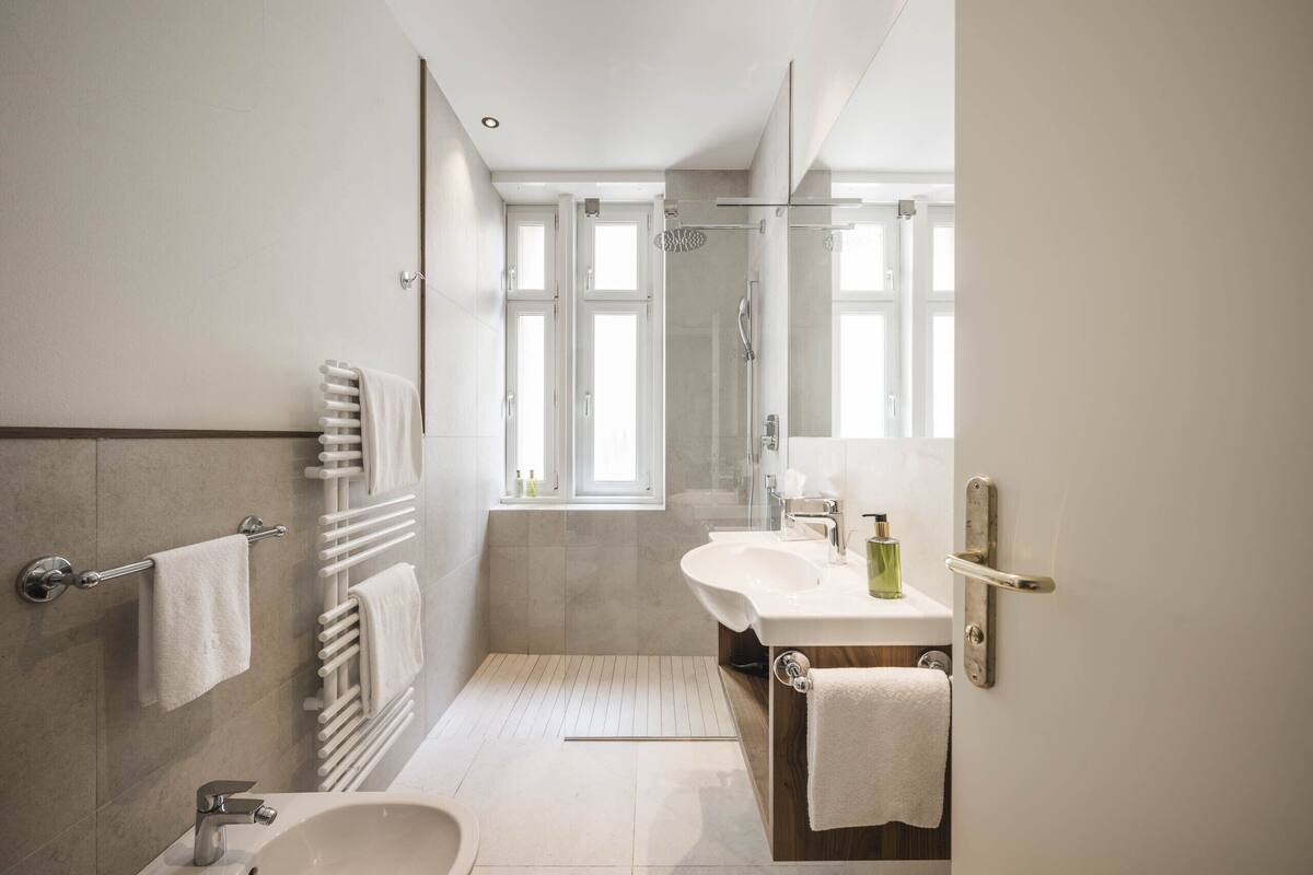 deluxe double room, 1 double bed | bathroom | shower, free toiletries, hair dryer, bathrobes