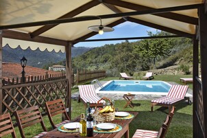 Seasonal outdoor pool, open 10:00 AM to 6:00 PM, pool umbrellas
