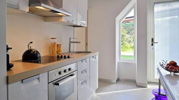 Een moderne keuken met een fornuis, oven, spoelbak en een raam met uitzicht op de omgeving.
