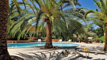 Relax by the serene pool surrounded by lush palm trees, with lounge chairs and a table for a refreshing drink.