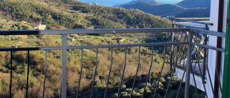 A balcony with a metal railing overlooking a hilly landscape with vegetation and distant hills.