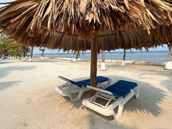 On the beach, sun-loungers, beach towels, beach massages