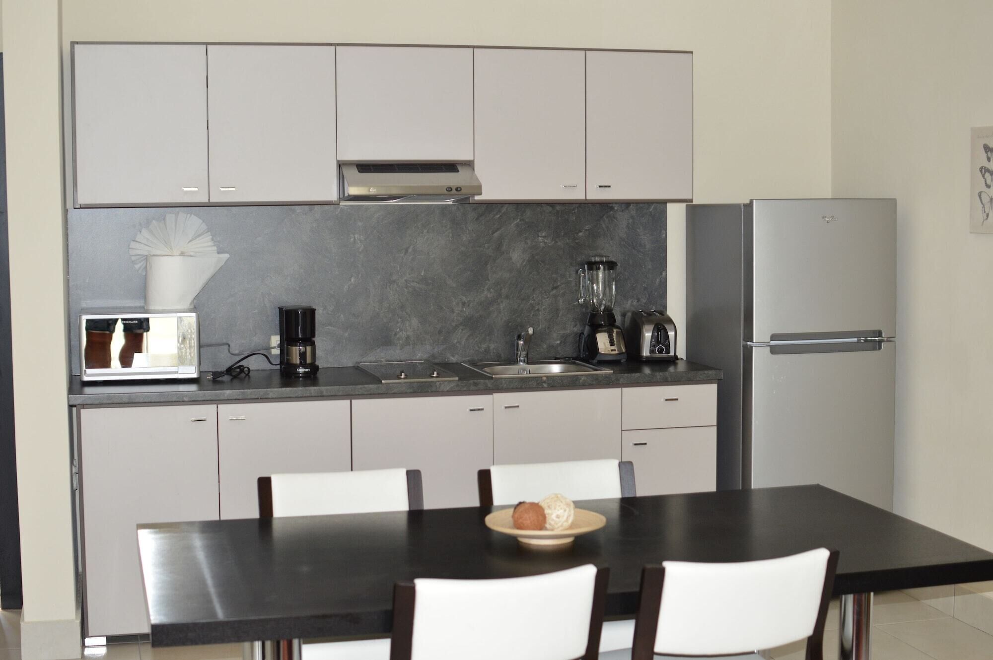 Full-sized fridge, microwave, stovetop, coffee/tea maker