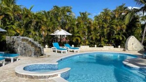 Une piscine à l’eau d’un bleu cristallin, entourée de chaises longues et de palmiers.
