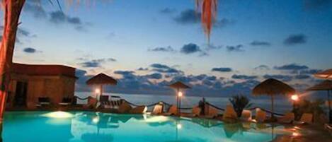 Seasonal outdoor pool, pool umbrellas, pool loungers