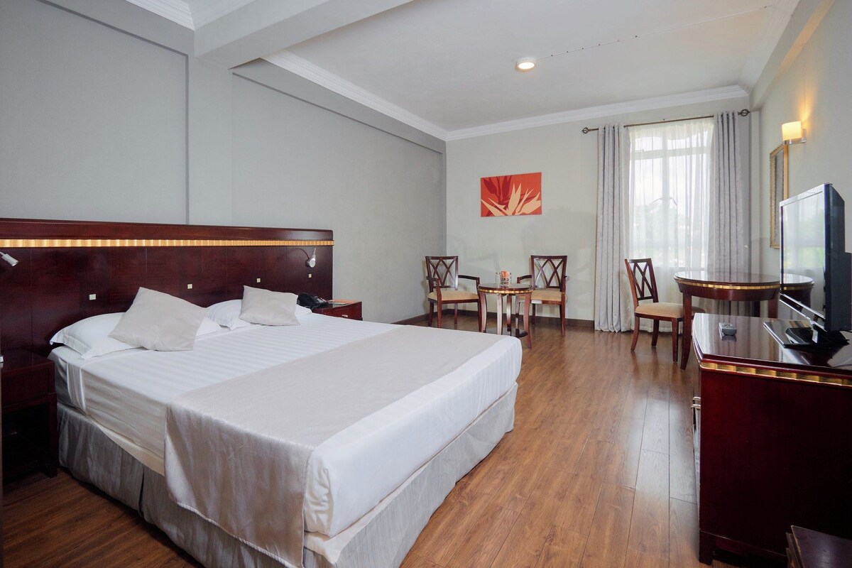 Habitación de hotel con una cama grande, un escritorio con dos sillas, un televisor y un cuadro en la pared.