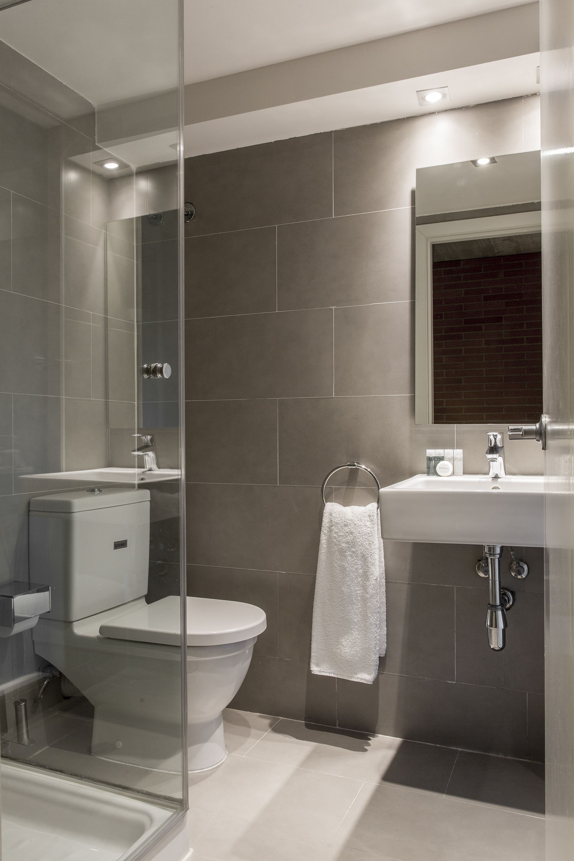 A modern bathroom with a glass-enclosed shower, a toilet, a sink, and a mirror.