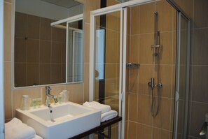 Standard Double Room, Terrace, Pool View | Bathroom | Shower, free toiletries, hair dryer, towels