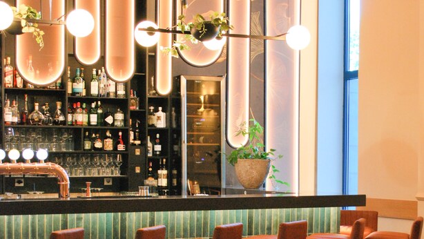 A bar area with a long counter, multiple seating options including bar stools and chairs, and a large potted plant. - DoubleTree by Hilton Hotel Oradea (Oradea)