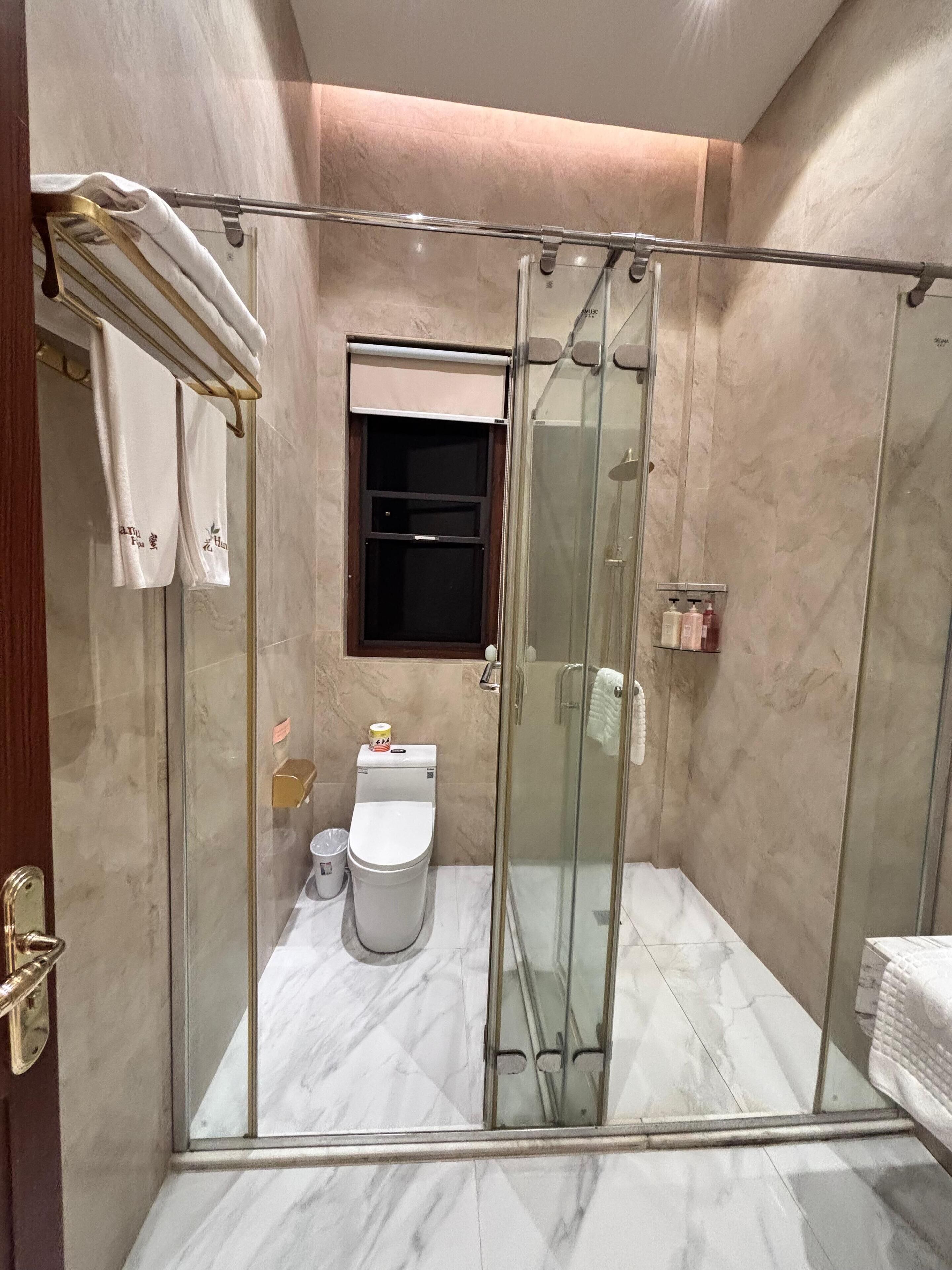 A modern bathroom with a glass-enclosed shower, a toilet, and a sink.