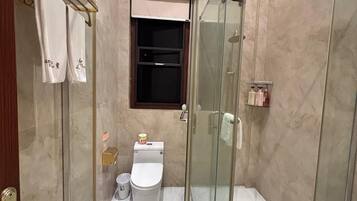 A modern bathroom with a glass-enclosed shower, a toilet, and a sink.