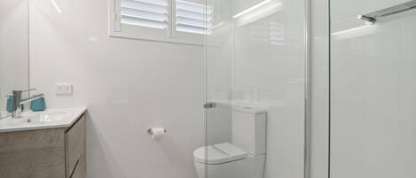 A modern bathroom with a glass shower enclosure, a toilet, and a sink with a mirror.