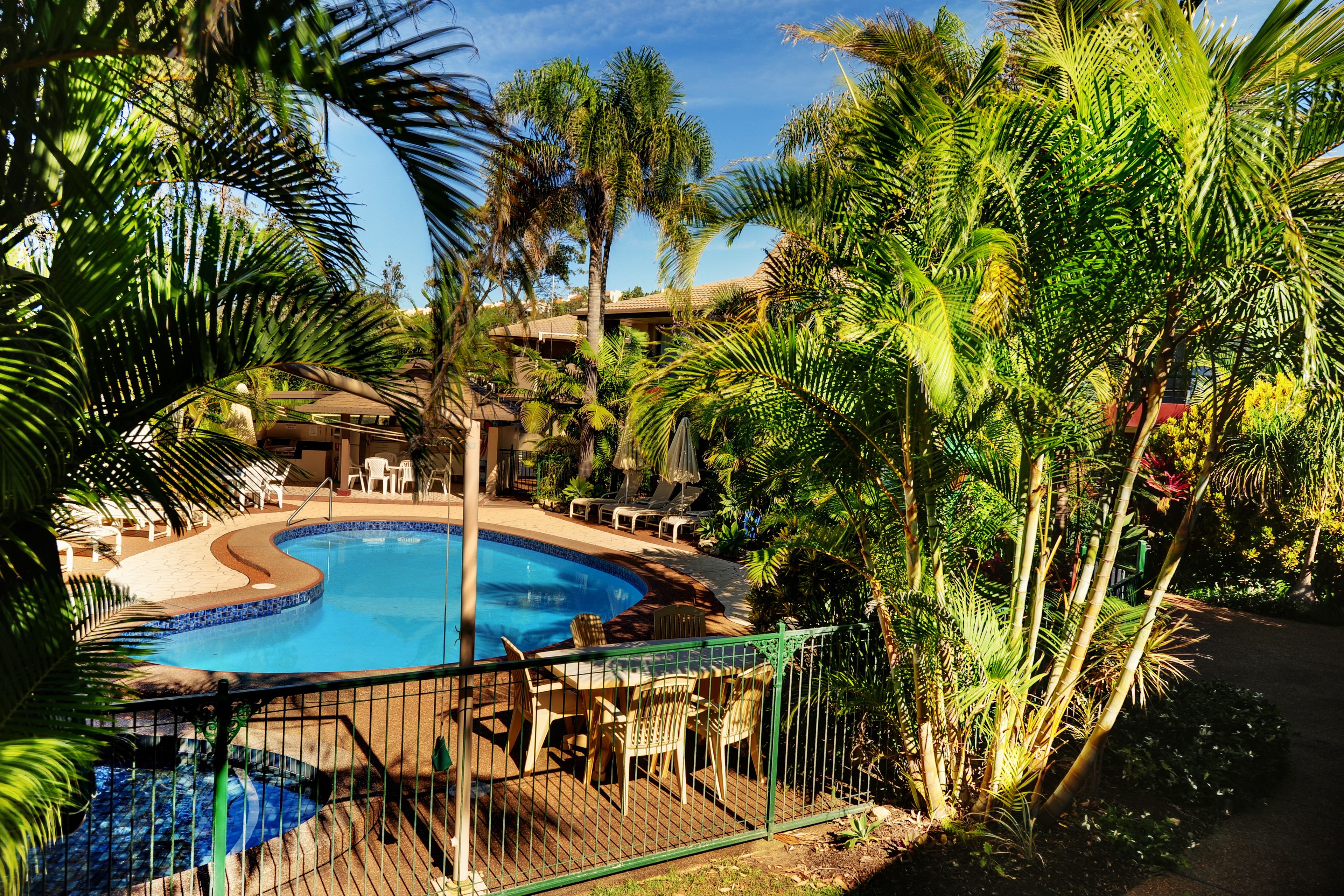 A swimming pool surrounded by palm trees and lounge chairs, with a fenced deck area.