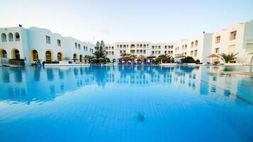 Indoor pool, outdoor pool, pool loungers