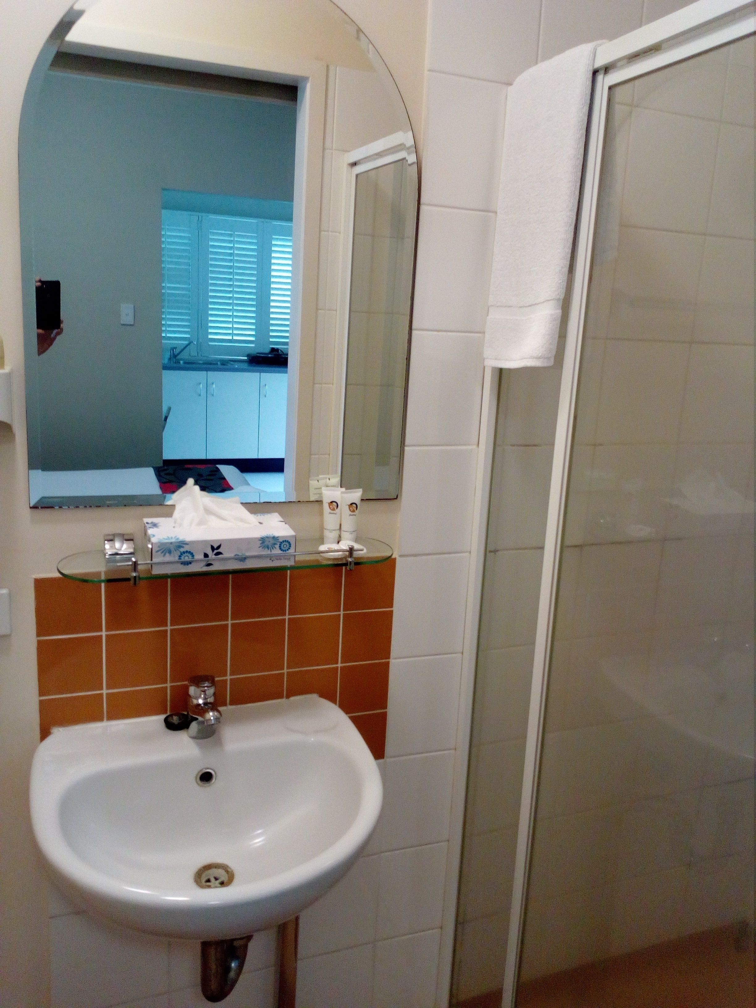 Un baño con lavamanos blanco, repisa de vidrio con artículos de aseo, espejo y zona de ducha.