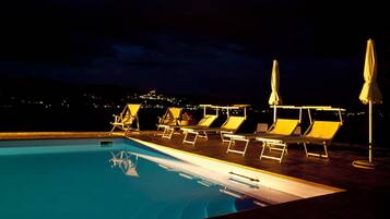 Outdoor pool, pool umbrellas, pool loungers