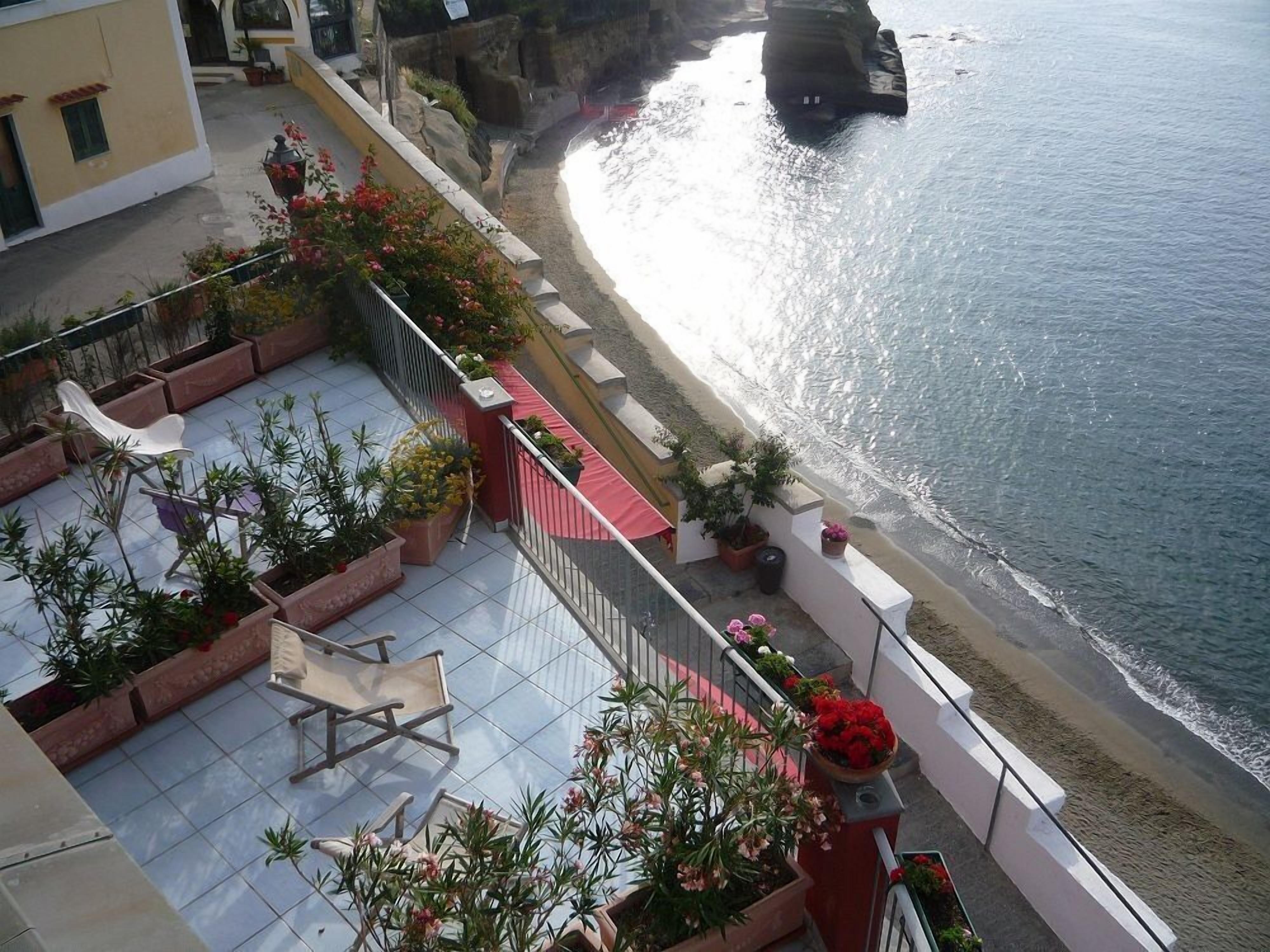 A balcony with potted plants and outdoor furniture overlooking a beach.