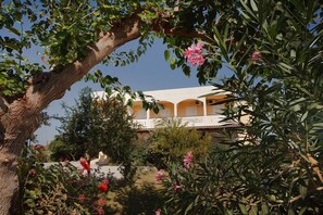 A building with a balcony, surrounded by greenery and flowers.
