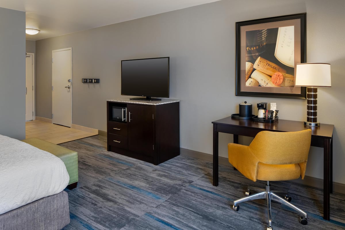 A hotel room with a bed, a desk with a chair, a television, a framed picture on the wall, and a lamp.