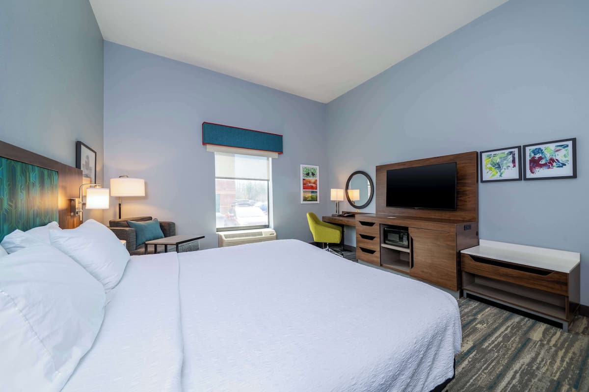 A hotel room with a large bed, a desk with a chair, a television, and artwork on the walls.