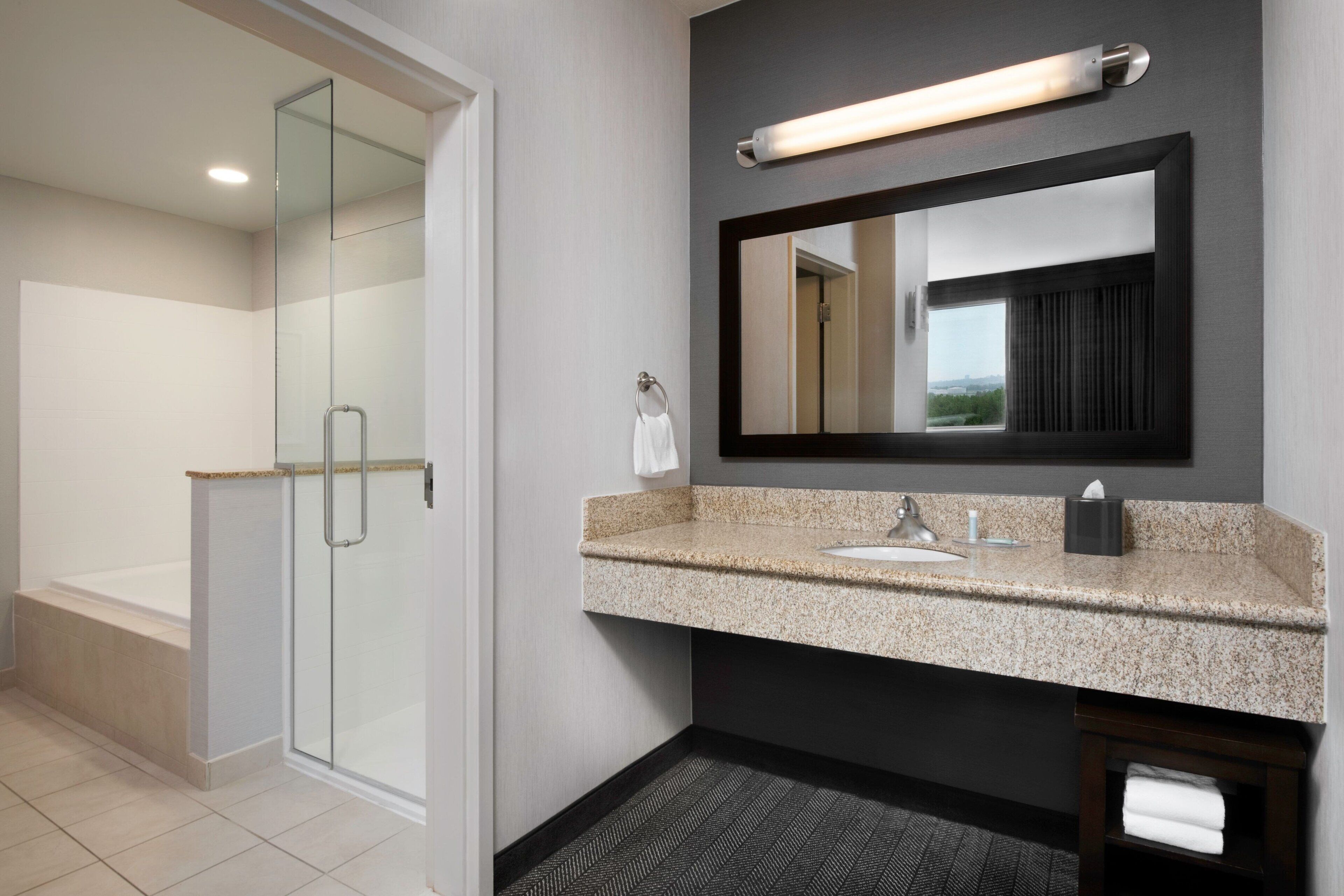 A modern bathroom with a glass shower enclosure, a granite countertop sink, and a large mirror above the sink.