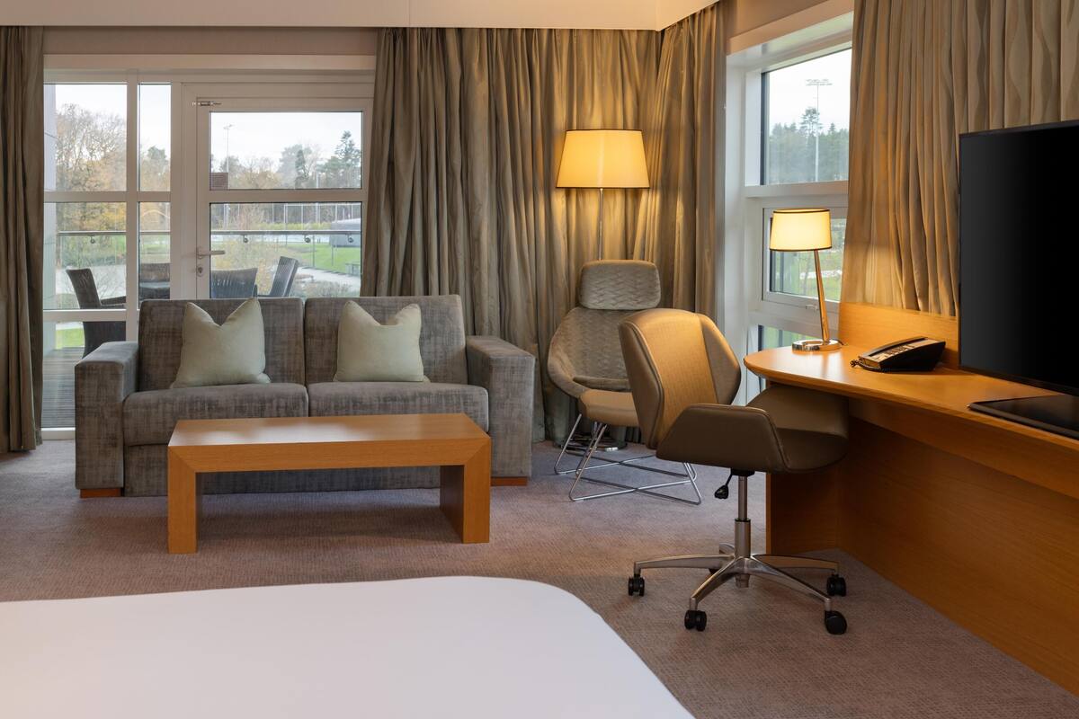 Une chambre d’hôtel comprenant un lit, un canapé, un bureau avec une chaise, une télévision et une fenêtre avec des rideaux.