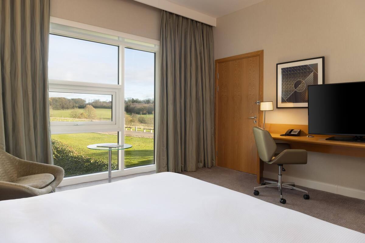Une chambre d’hôtel avec un lit, un bureau et une chaise, une télévision et une vue sur un paysage verdoyant par une grande fenêtre.