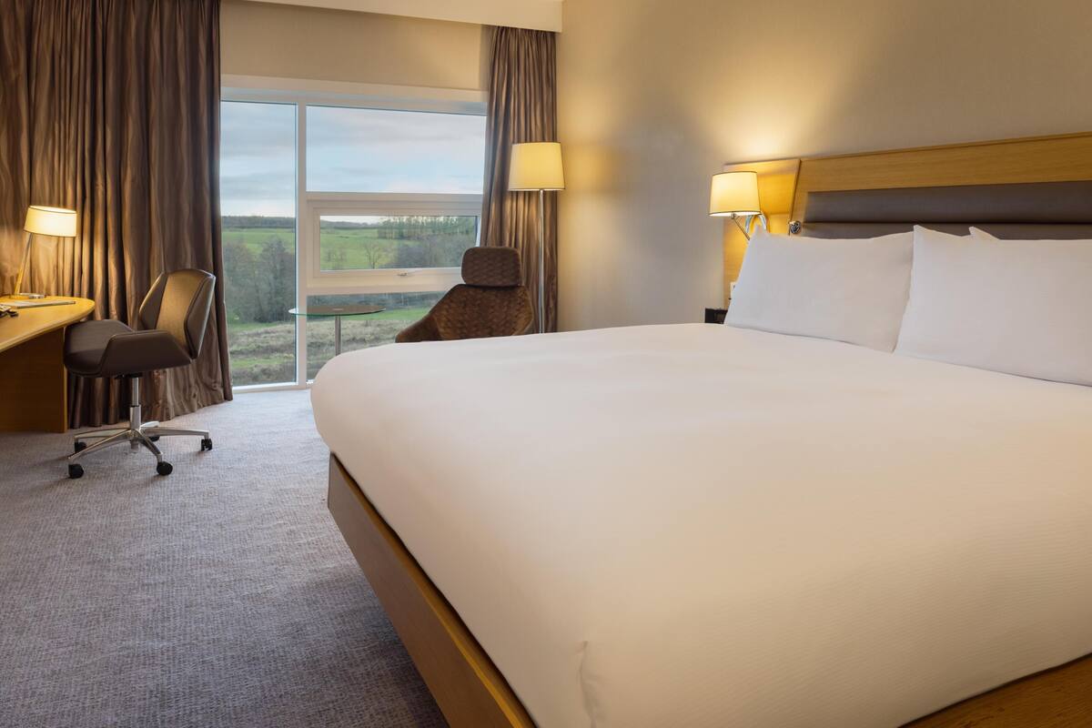 Une chambre d’hôtel avec un grand lit, un bureau avec une chaise, deux lampes et une vue sur l’extérieur.