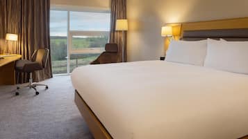 Une chambre d’hôtel avec un grand lit, un bureau avec une chaise, deux lampes et une vue sur l’extérieur.