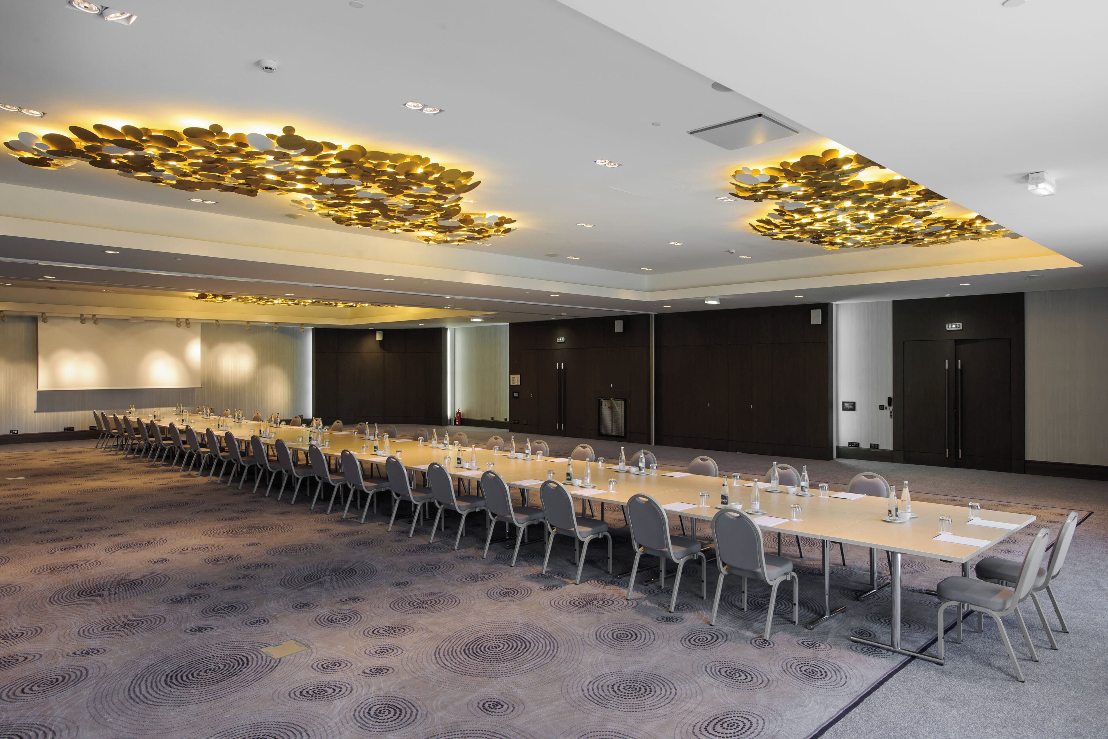 Un salón de conferencias con una mesa larga, sillas y una alfombra estampada.