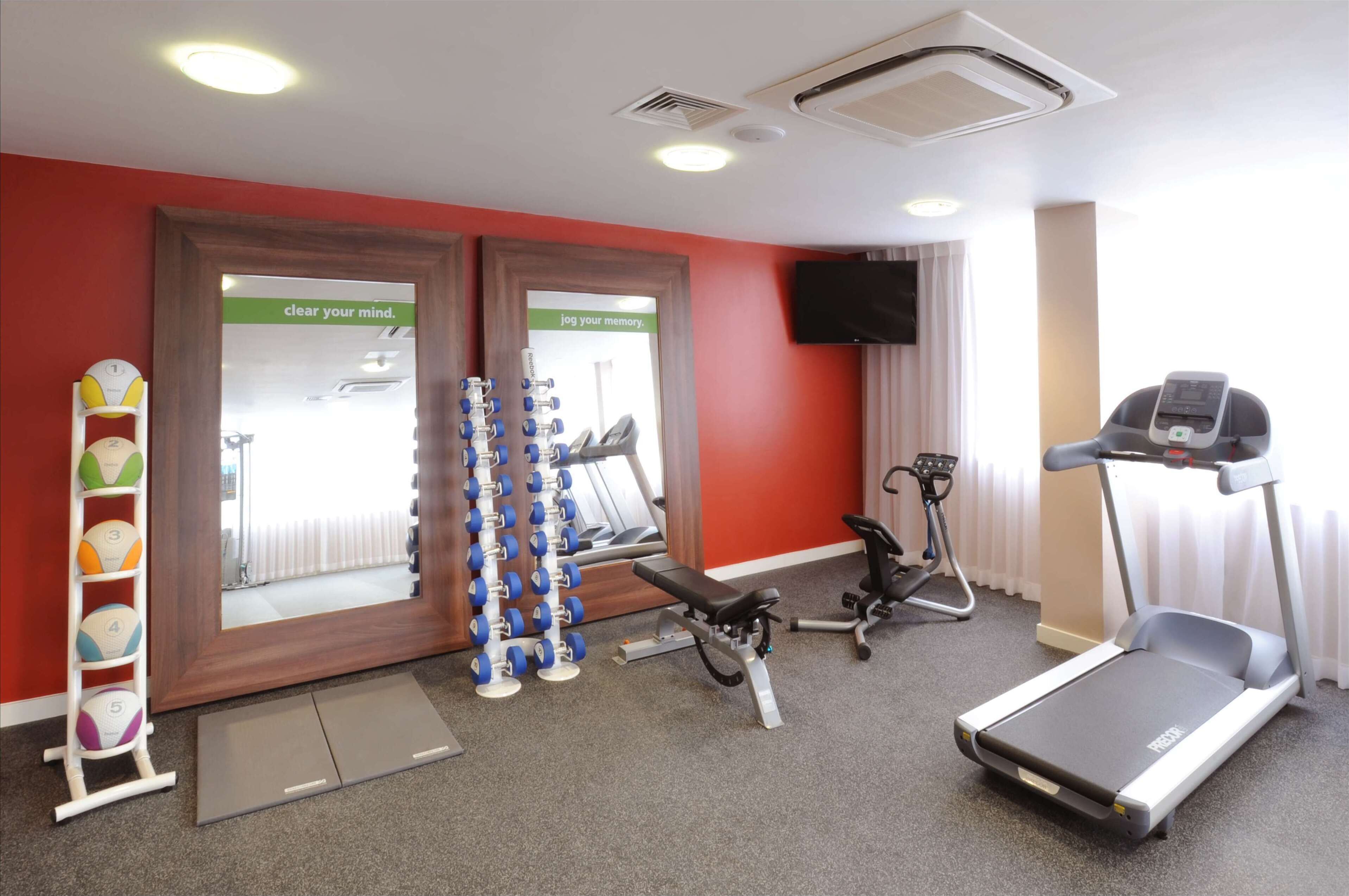 A gym with treadmills, a bench, dumbbells, and a mirror.