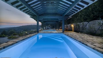 Indoor pool, outdoor pool, sun loungers