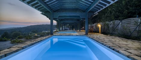 Indoor pool, outdoor pool, pool loungers