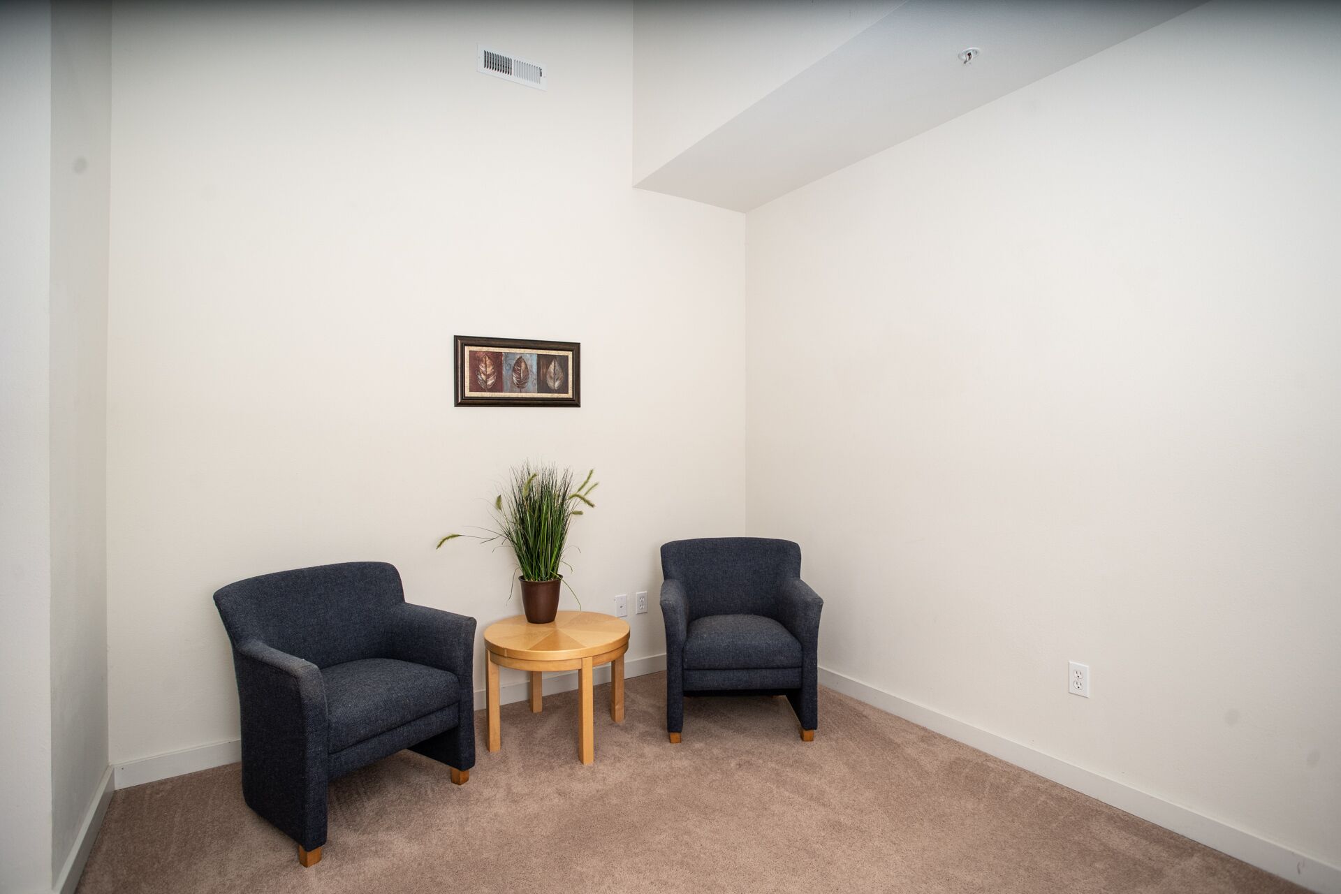A room with two dark blue armchairs, a small wooden table, and a potted plant.