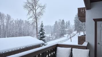 A balcony with a view of a snow-covered landscape, including trees and a fence.