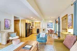 Romantic Cottage - 1 Bedroom w/ Private Garden & Hot Tub - .5 blk from Inn - Breakfast Not Included | Living area | 50-inch flat-screen TV with digital channels, TV - Obertal Inn (Leavenworth)