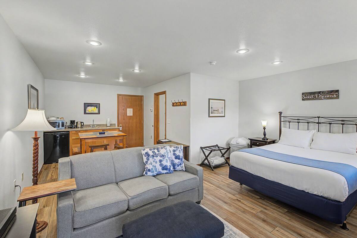 Una habitación compacta con cama, sofá, una mesita, escritorio y kitchenette.