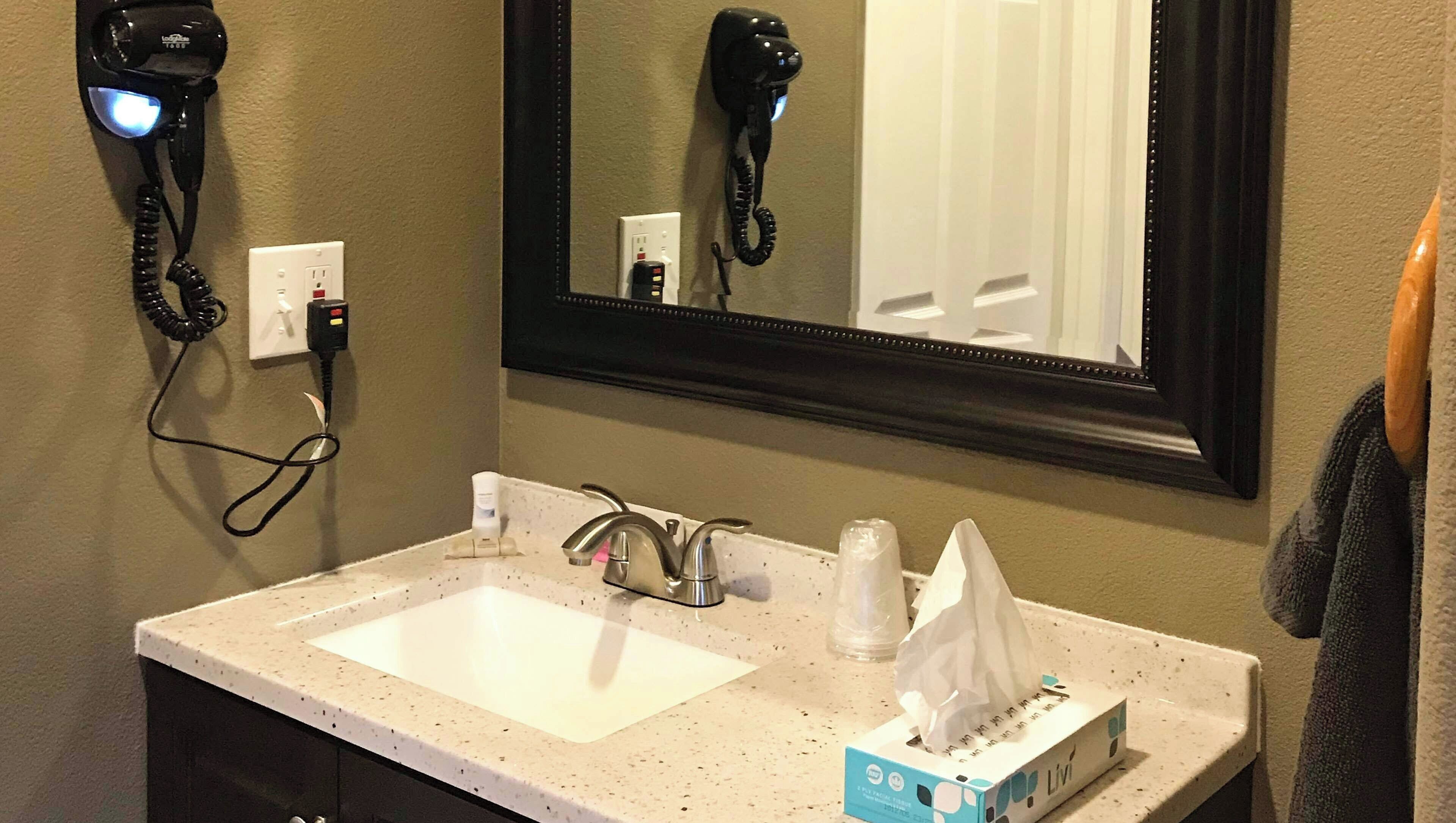 Un baño con lavamanos, espejo, secador de pelo y caja de pañuelos.